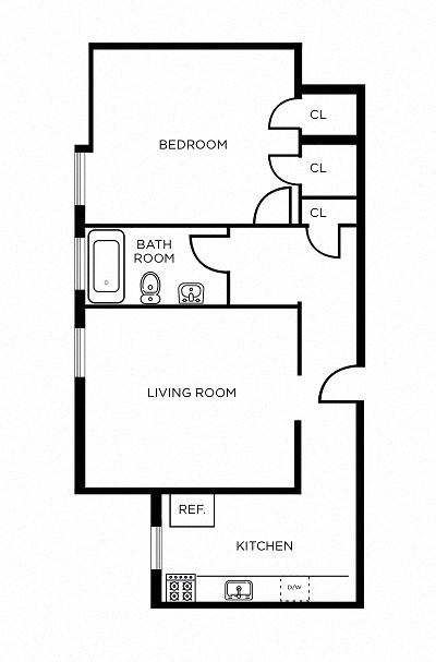 Floor plan for 1 bed, 1 bath, 749 sqft